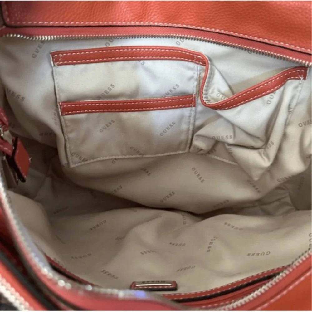 GUESS Satchel Handbag Burnt Orange Canvas Leather Trim Top Handle Crossbody Bag‎
